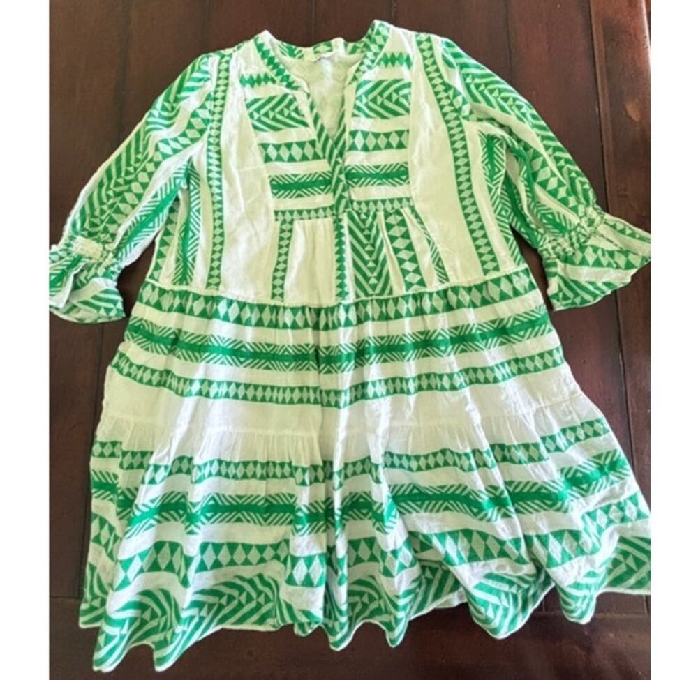 Crown & Ivy Green Geometric Tiered Cotton Dress Lined Boho Approx 3X